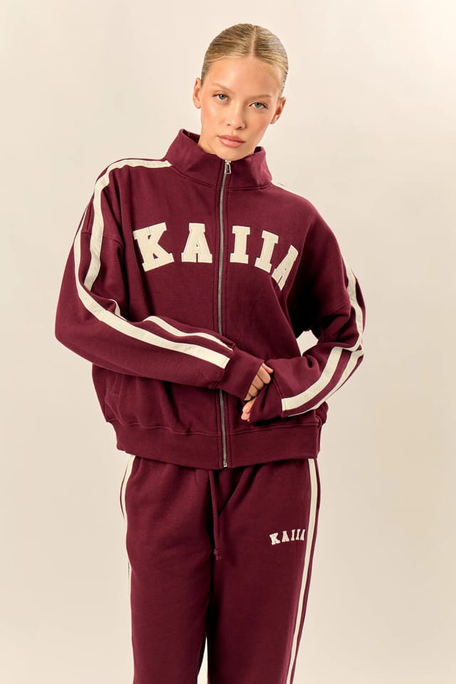 Kaiia Kaiia Sport Stripe Funnel Neck Zip Through Sweatshirt Burgundy & Cream - 2