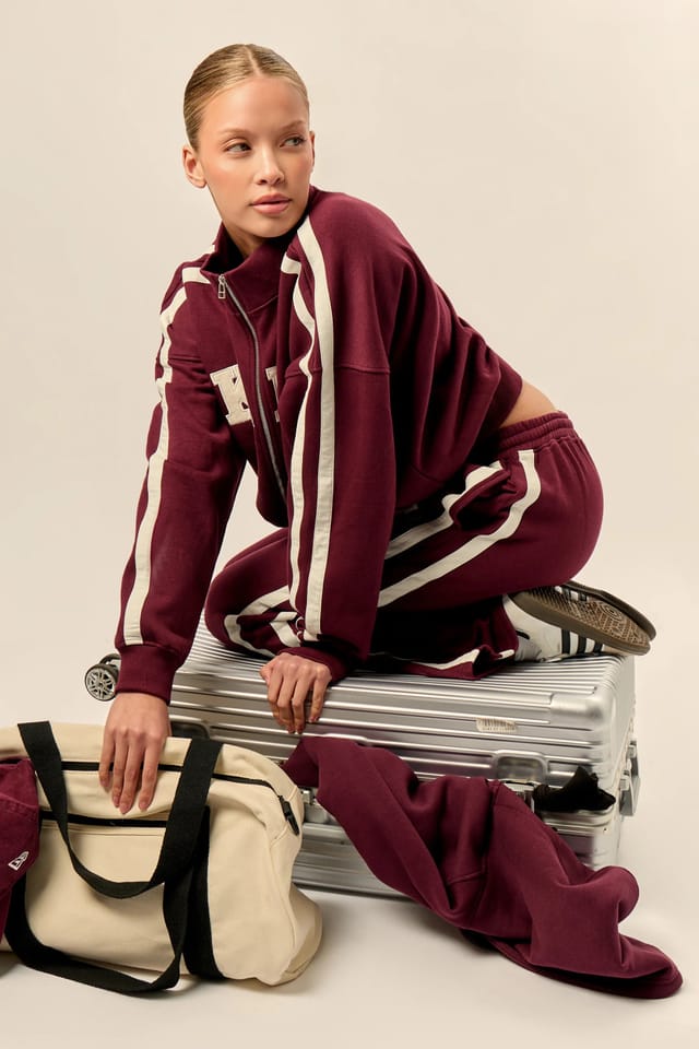 Kaiia Kaiia Sport Stripe Funnel Neck Zip Through Sweatshirt Burgundy & Cream - 3