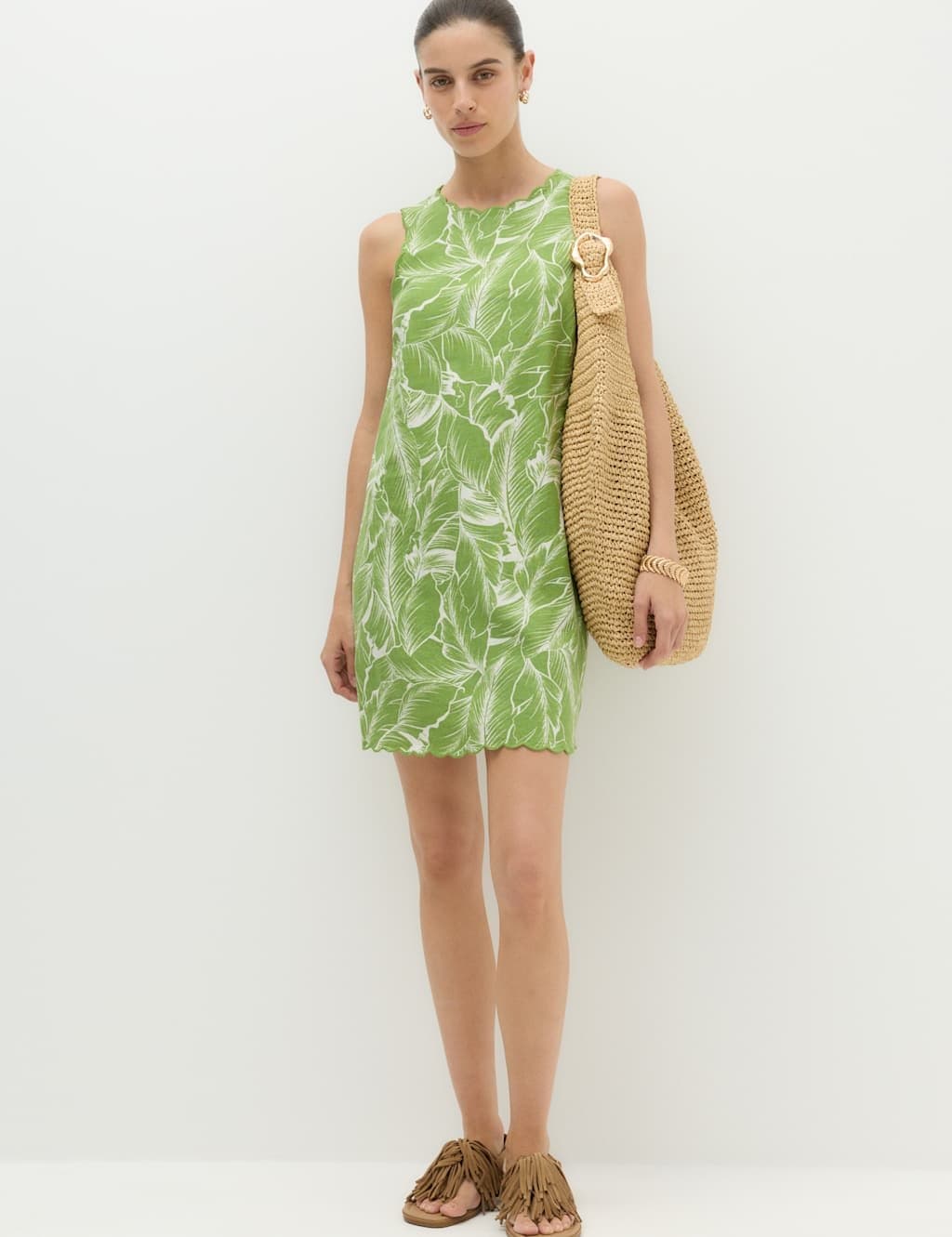 Marks & Spencer M&S Linen Rich Printed Scallop Mini Shift Dress Green Mix