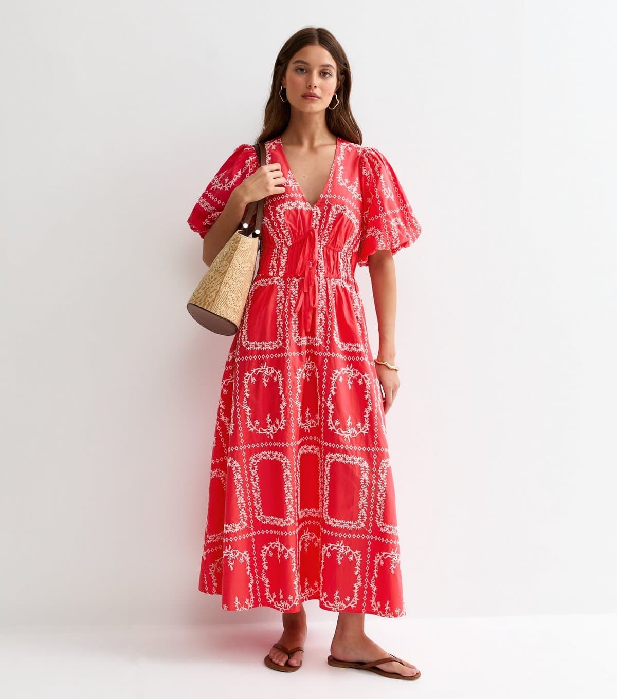 New Look Women's Pink Embroidered Puff Sleeve Midi Dress New Look