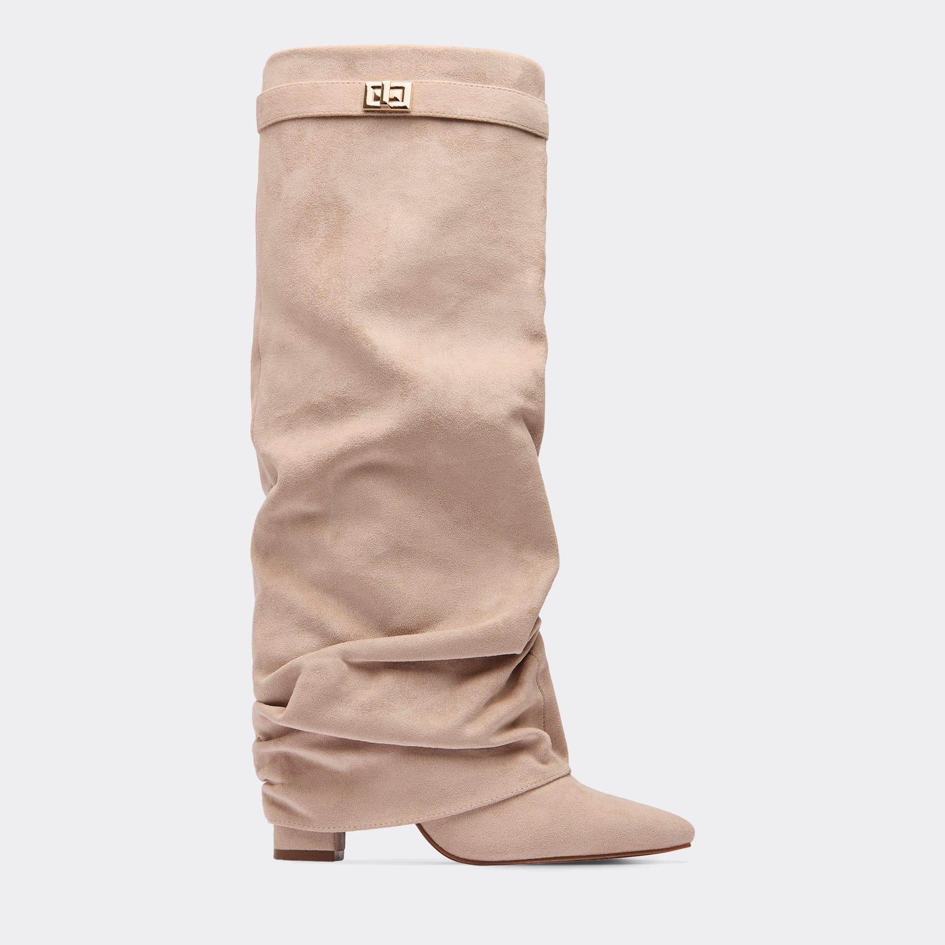 EGO Chella Lock Detail Pointed Toe Knee High Slouched Boot In Nude Faux Suede, Women's Size UK 3