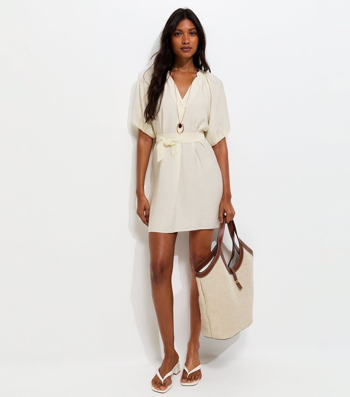 New Look Women's Cream V-Neck Puff Sleeve Belted Mini Dress New Look