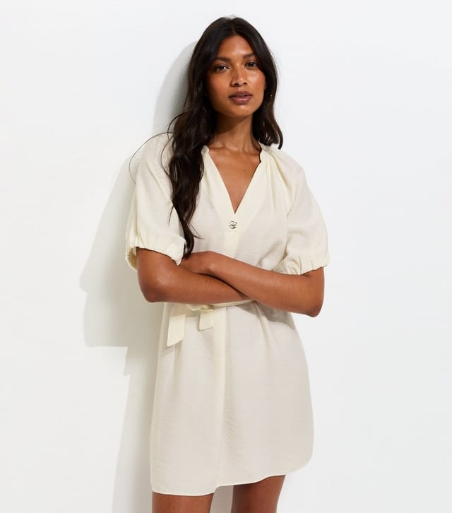 New Look Women's Cream V-Neck Puff Sleeve Belted Mini Dress New Look - 2