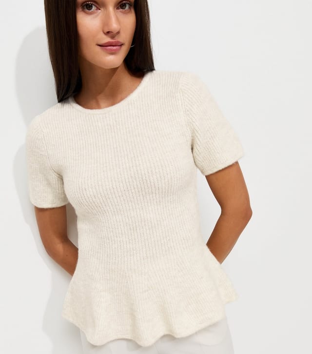 New Look Women's Cream Ribbed Knit Peplum Hem T-Shirt New Look - 3