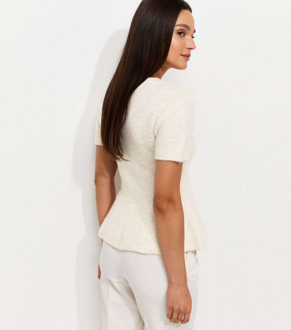 New Look Women's Cream Ribbed Knit Peplum Hem T-Shirt New Look - 4