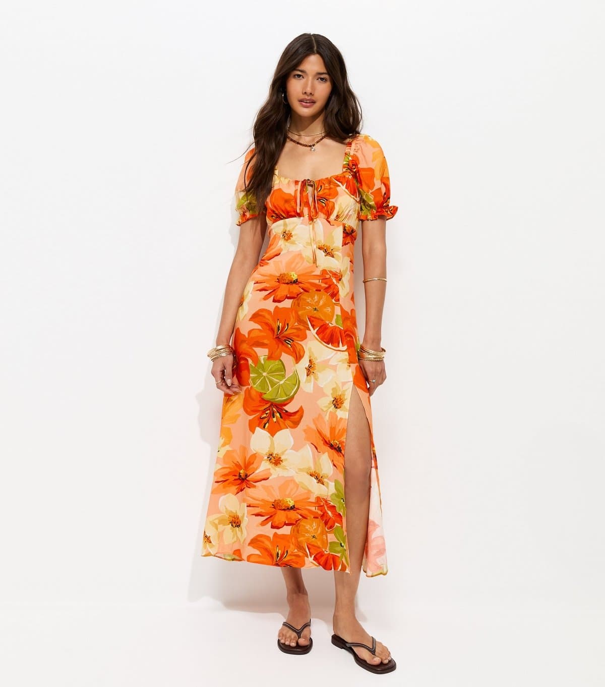 New Look Women's Orange Floral Puff Sleeve Midi Dress New Look