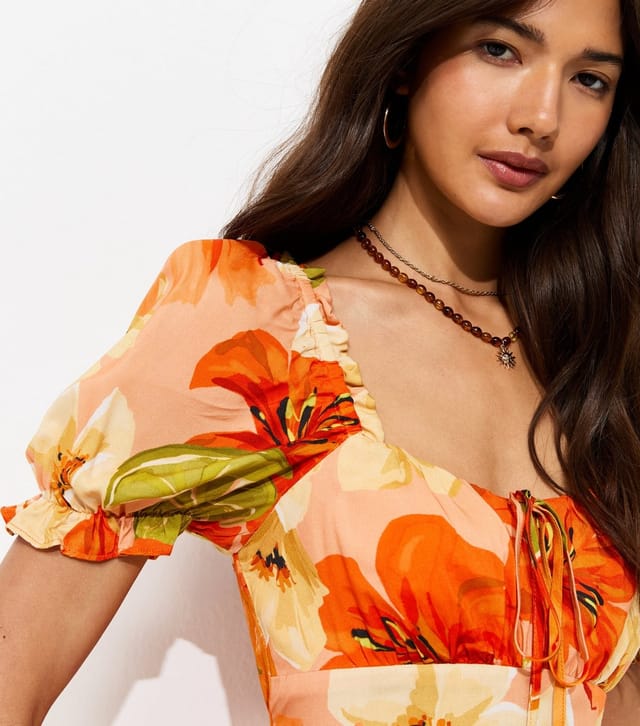 New Look Women's Orange Floral Puff Sleeve Midi Dress New Look - 2