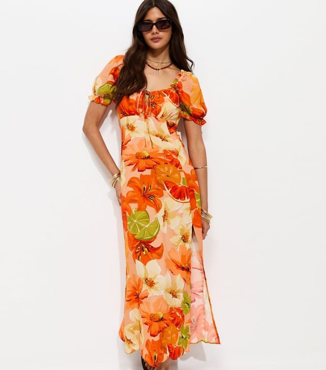 New Look Women's Orange Floral Puff Sleeve Midi Dress New Look - 3