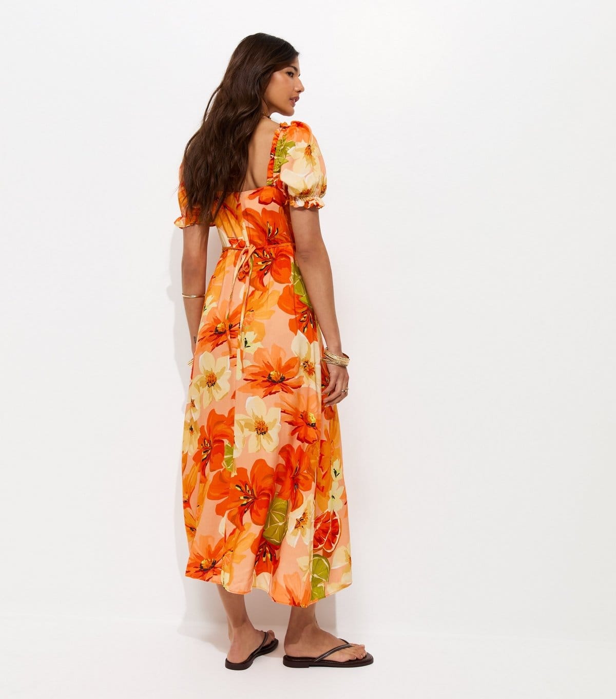 New Look Women's Orange Floral Puff Sleeve Midi Dress New Look - 4