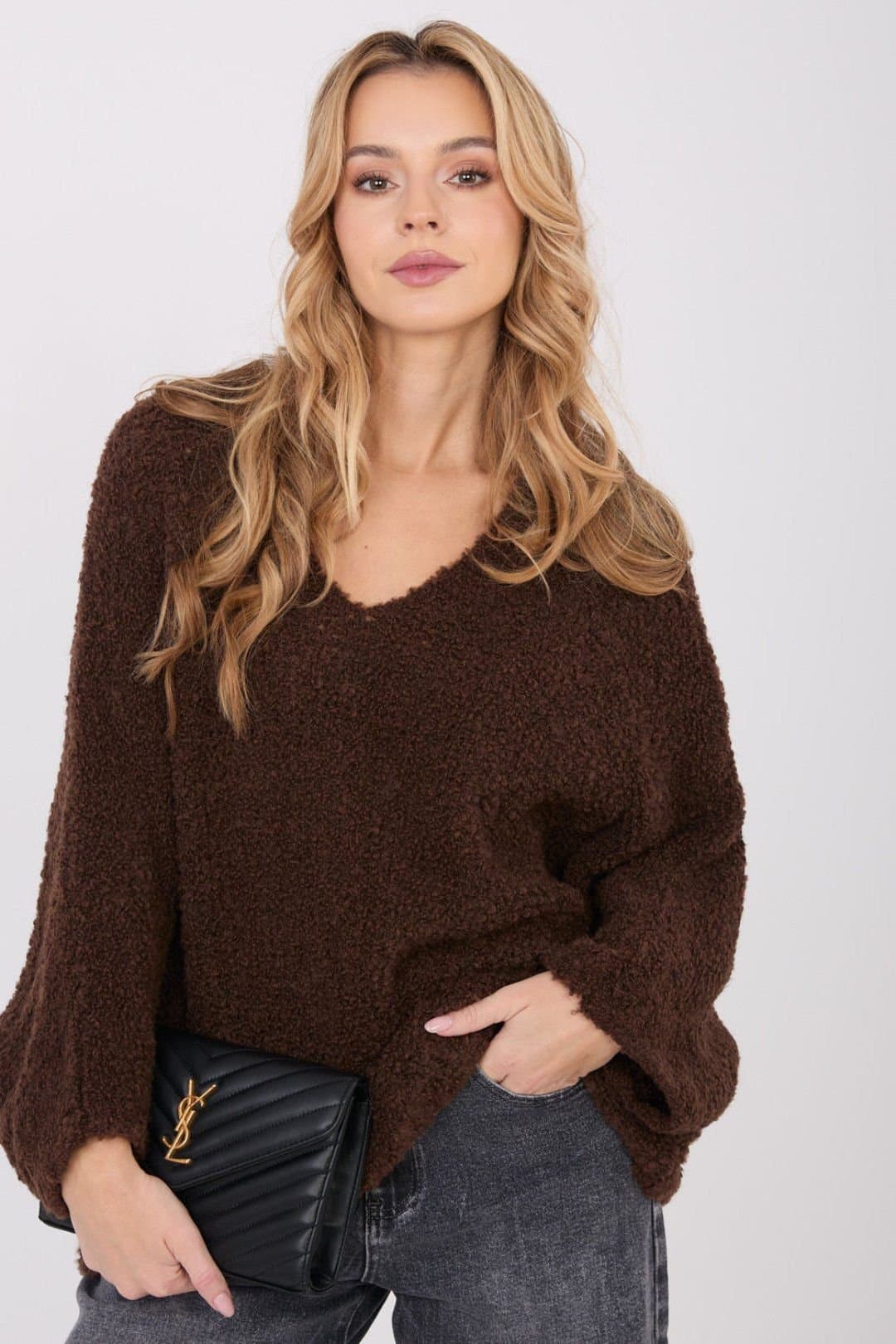 Love Lace Love Lace Women's Boucle V Neck Puff Sleeve Sweater Style 223090 in Brown