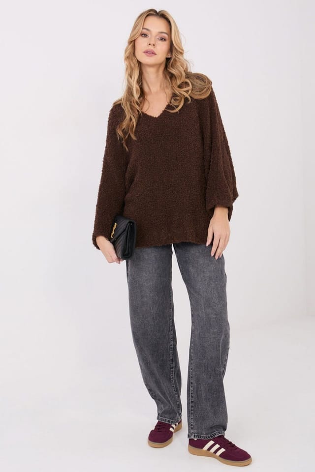 Love Lace Love Lace Women's Boucle V Neck Puff Sleeve Sweater Style 223090 in Brown - 2
