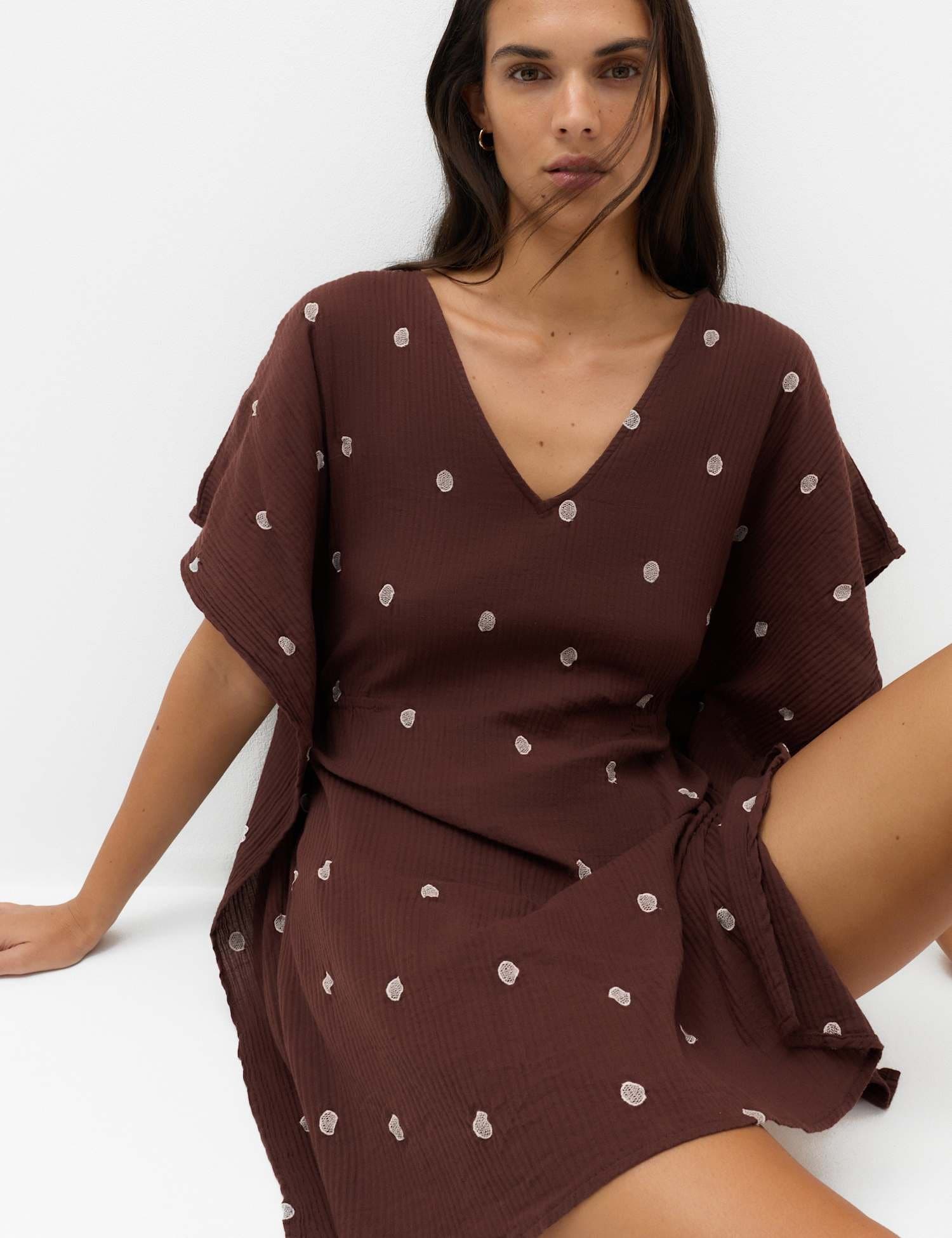 Marks & Spencer M&S Pure Cotton Polka Dot Beach Cover Up Kaftan Brown Mix