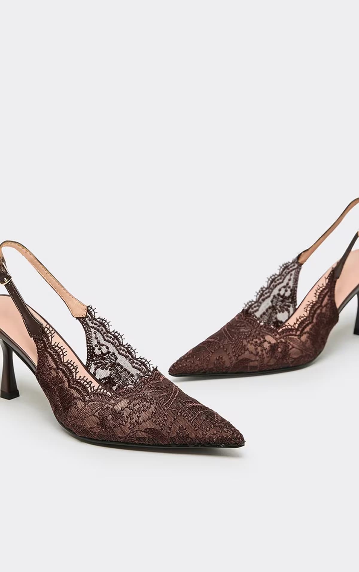 EGO Ferris Pointed Toe Slingback Court Heel In Brown Lace, Women's Size UK 3