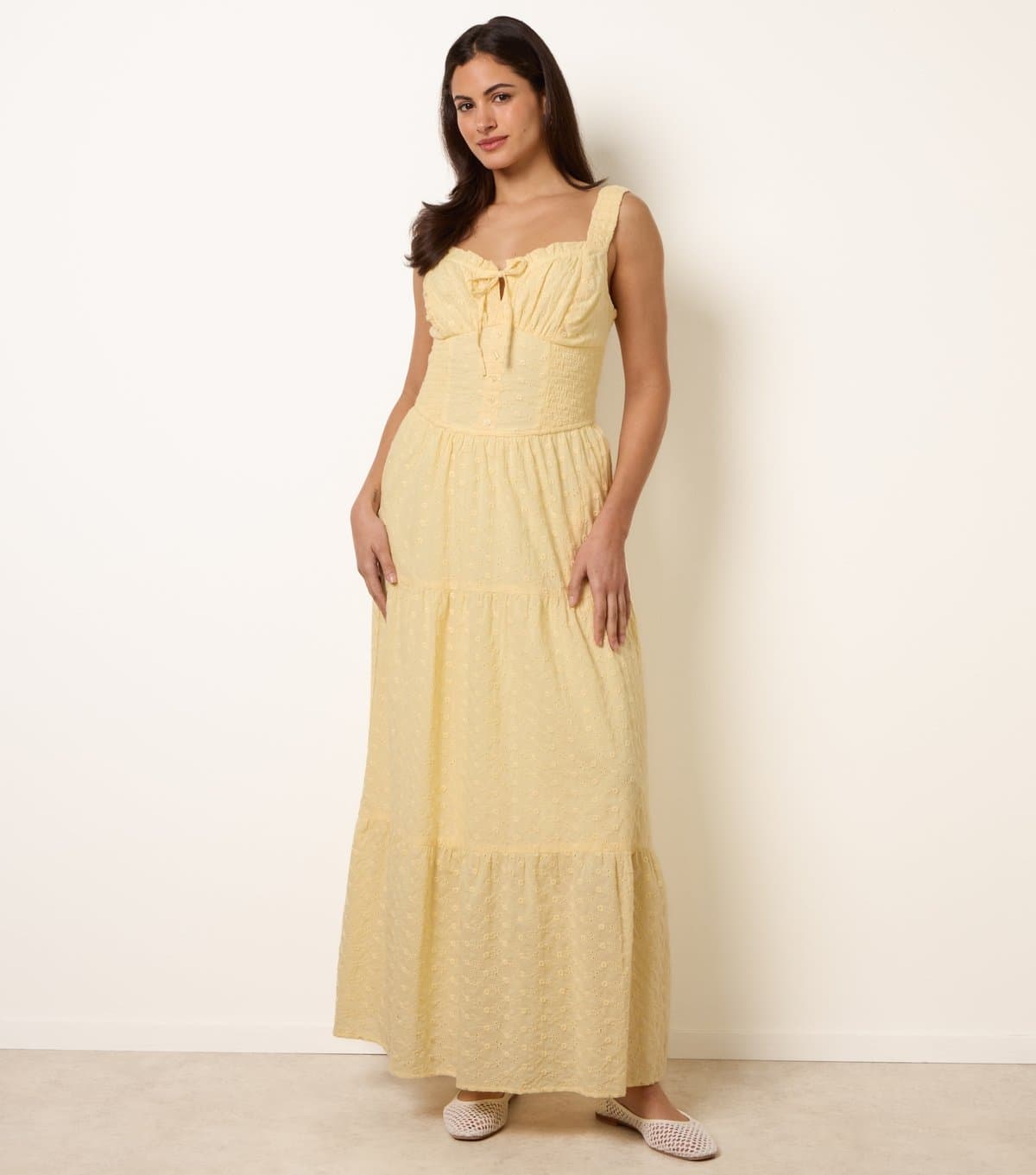 Blue Vanilla Women's Light Yellow Broderie Anglaise Button Detail Maxi Dress Blue Vanilla New Look