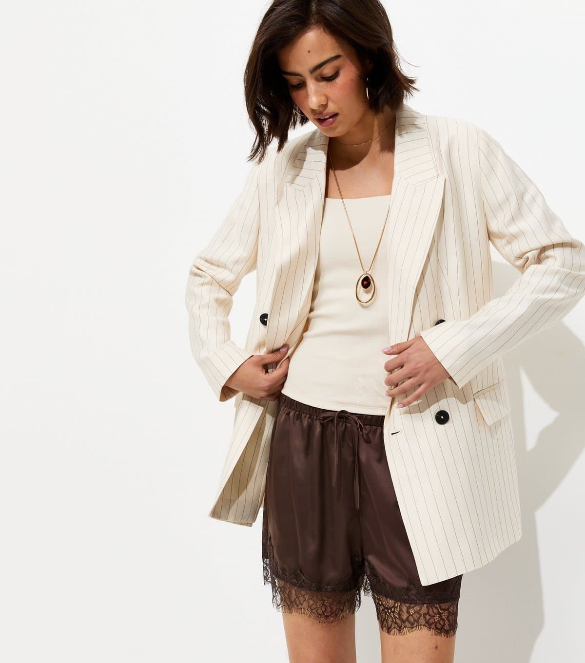 New Look Women's Satin Dark Brown Lace Trim Shorts New Look