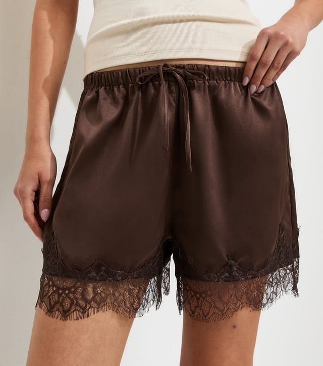 New Look Women's Satin Dark Brown Lace Trim Shorts New Look - 2