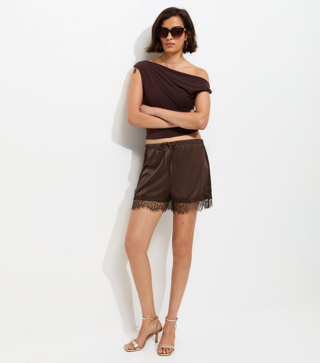 New Look Women's Satin Dark Brown Lace Trim Shorts New Look - 3