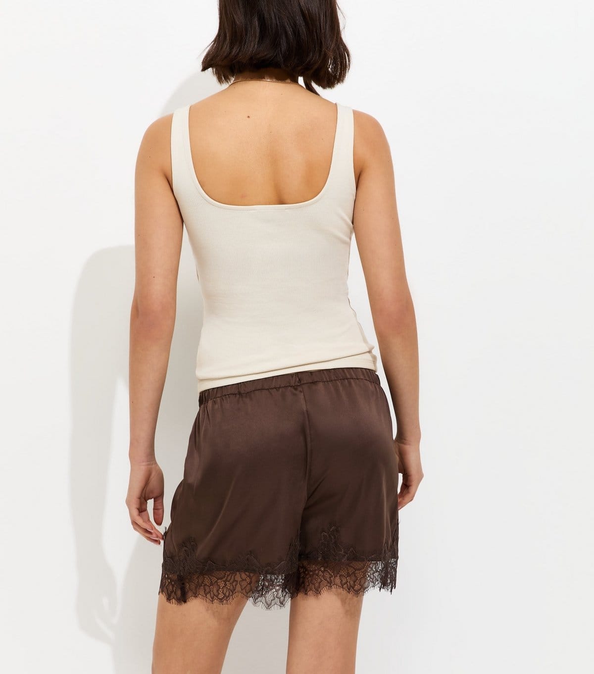 New Look Women's Satin Dark Brown Lace Trim Shorts New Look - 4