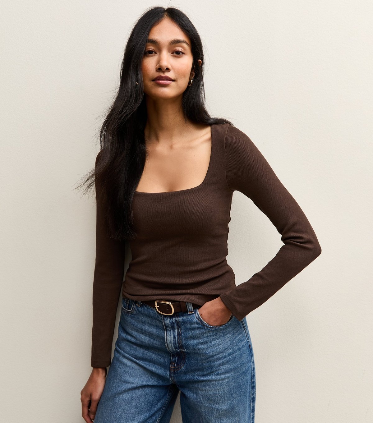 New Look Women's Premium Dark Brown Heavyweight Cotton Square Neck Top New Look - 2