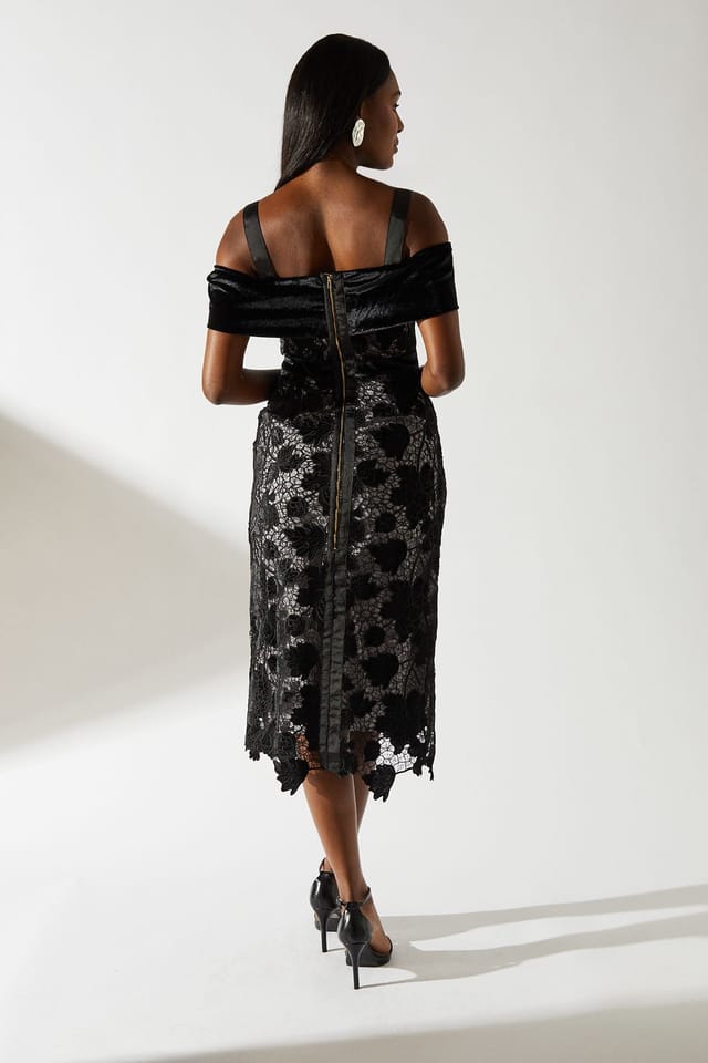 Coast Coast Women's Bardot Detail Velvet Lace Pencil Dress With Contrast Lining in Black - 3