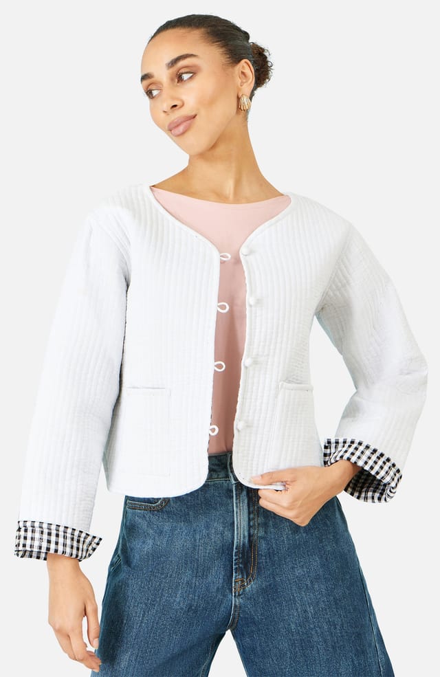Yumi Yumi Women's White Gingham Reversible Cotton Quilted Cropped Jacket in Cool White - 2