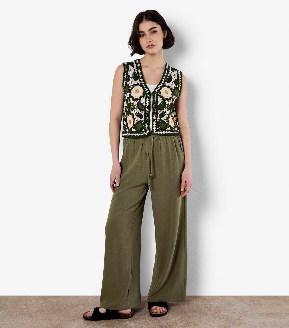 Apricot Khaki Wide Leg Trousers with Floral Waist Detail