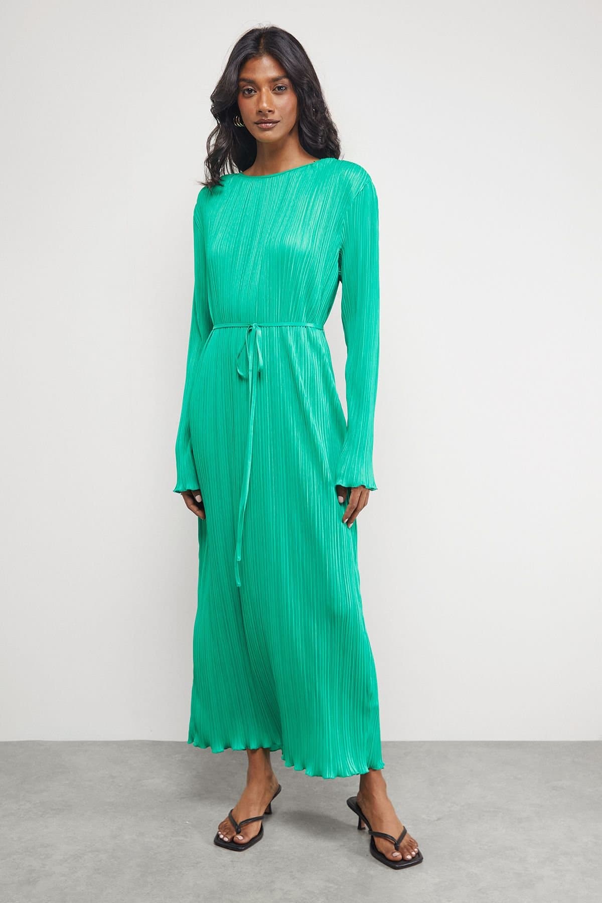 Warehouse Warehouse Women's Plisse Belted Column Midi Dress in Bright Green