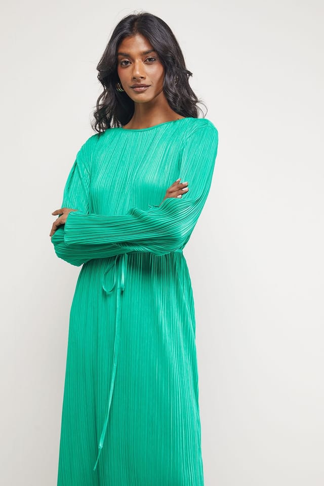 Warehouse Warehouse Women's Plisse Belted Column Midi Dress in Bright Green - 2