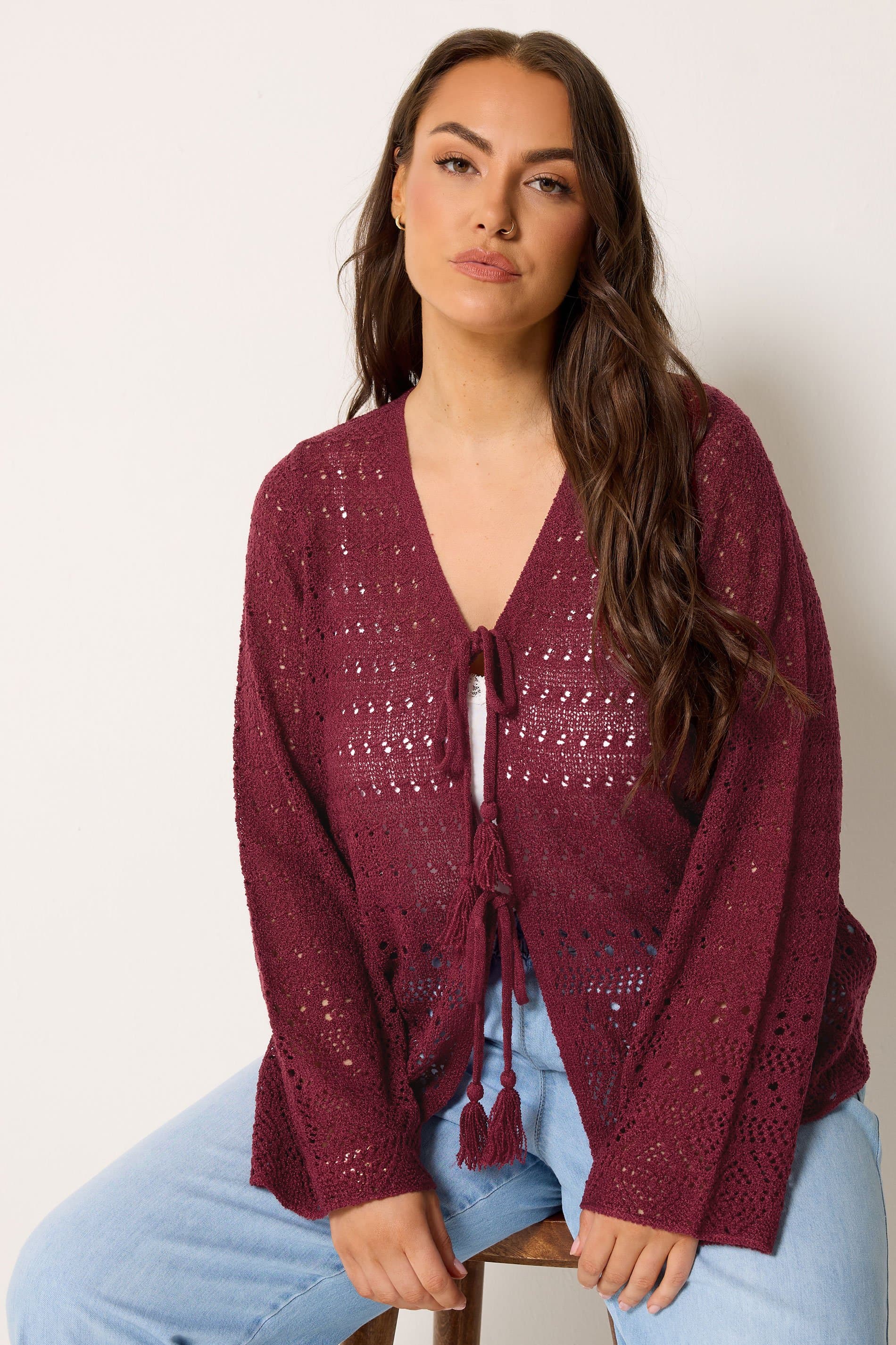 Yours Plus Size Burgundy Red Pointelle Knitted Tie Cardigan