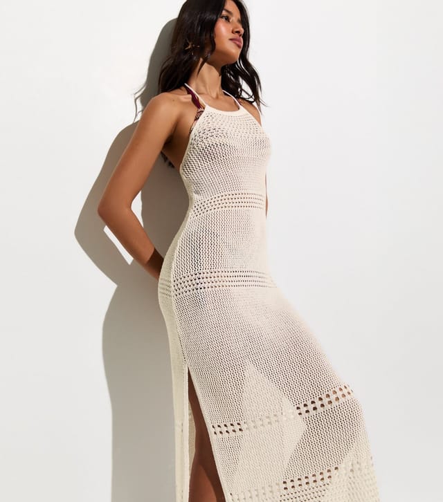 New Look Women's Cream Crochet Halter Neck Beach Maxi Dress New Look - 3
