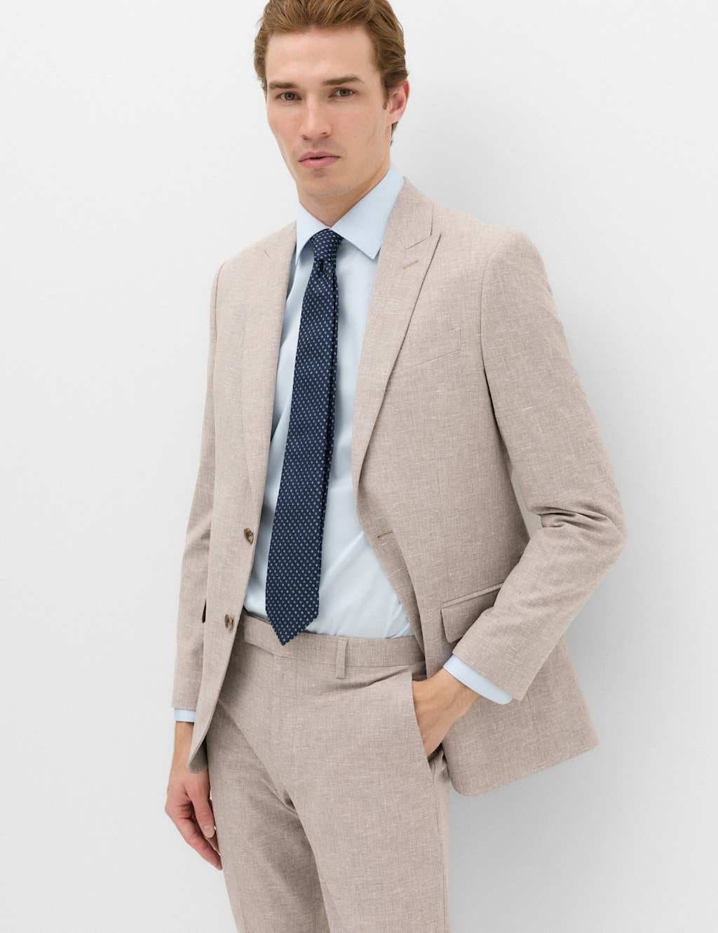 Marks & Spencer M&S Slim Fit Linen Blend Stretch Suit Jacket Brown Mix