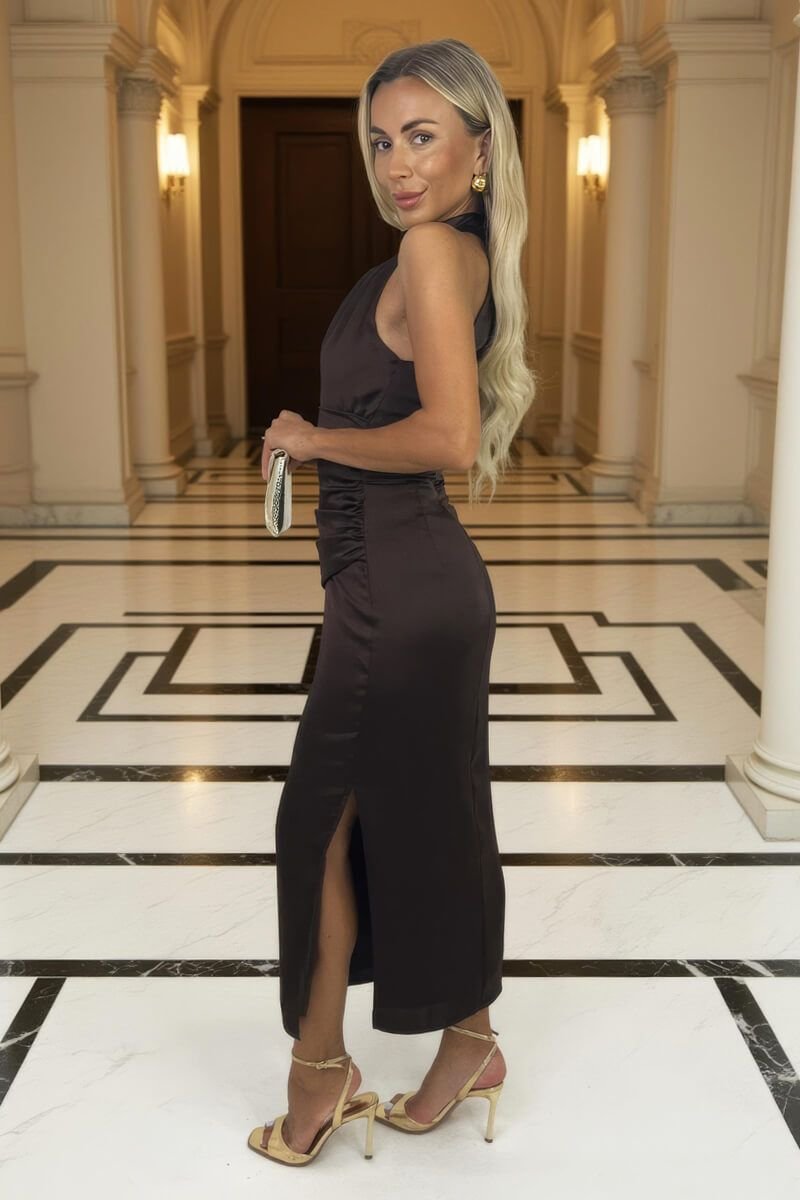 AX Paris AX Paris Women's Chocolate Halter Neck Draped Waist Midi Dress - 4