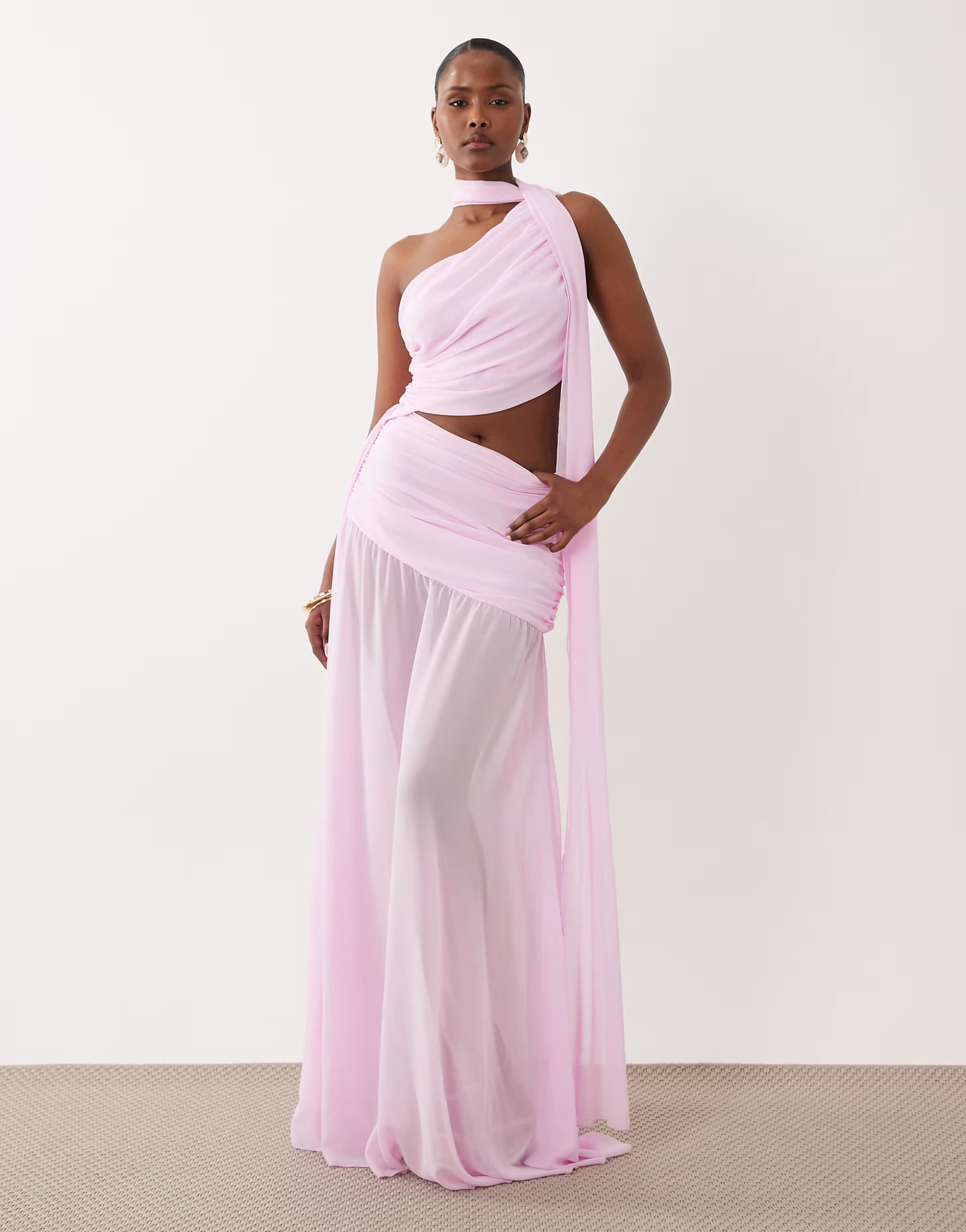 ASOS Aria Cove chiffon drape detail cut out side sheer hem wrap scarf detail maxi dress in bubblegum pink