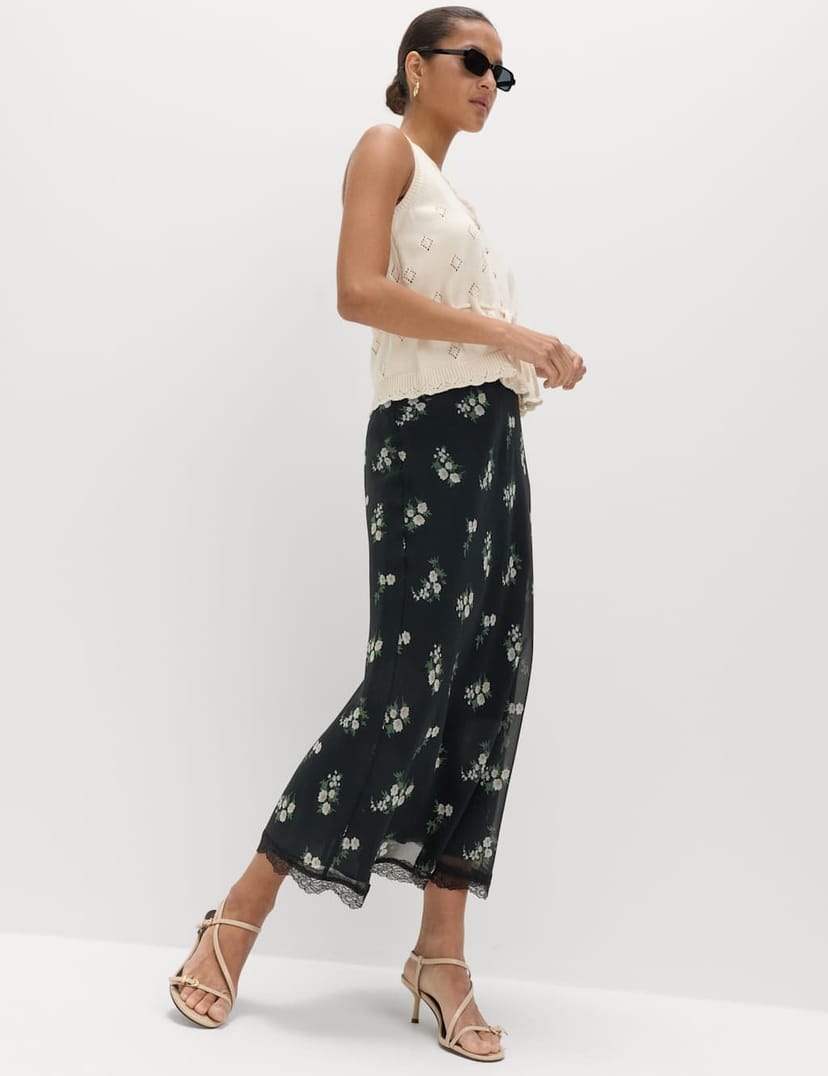 Marks & Spencer M&S Floral Lace Detail Midi Slip Skirt Black Mix - 1