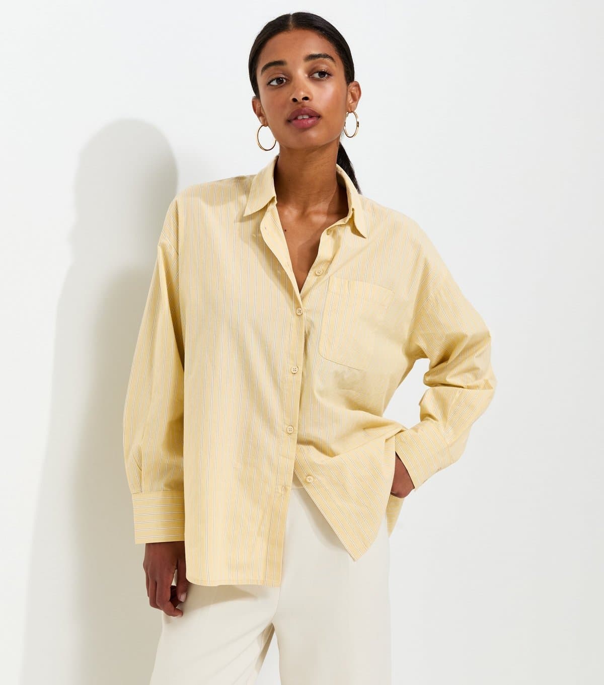 New Look Women's Yellow Cotton Striped Long Sleeve Shirt New Look