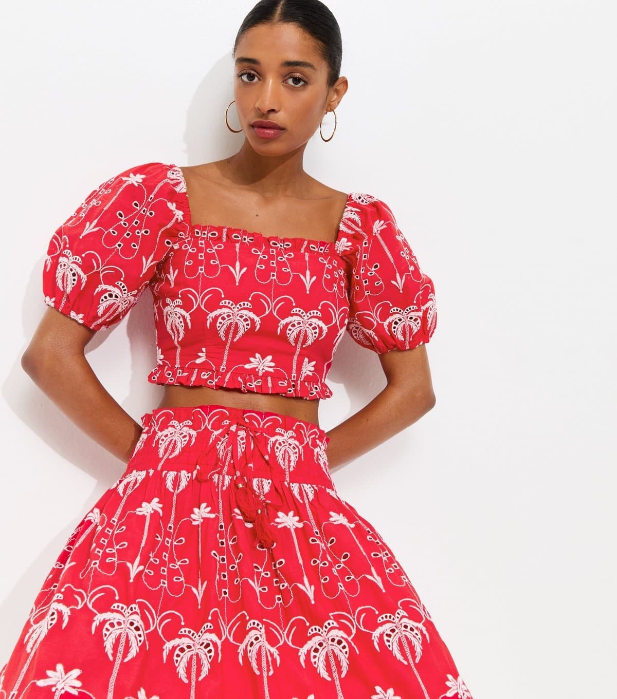 New Look New Look Red Cotton Crop Top with Palm Tree Embroidery