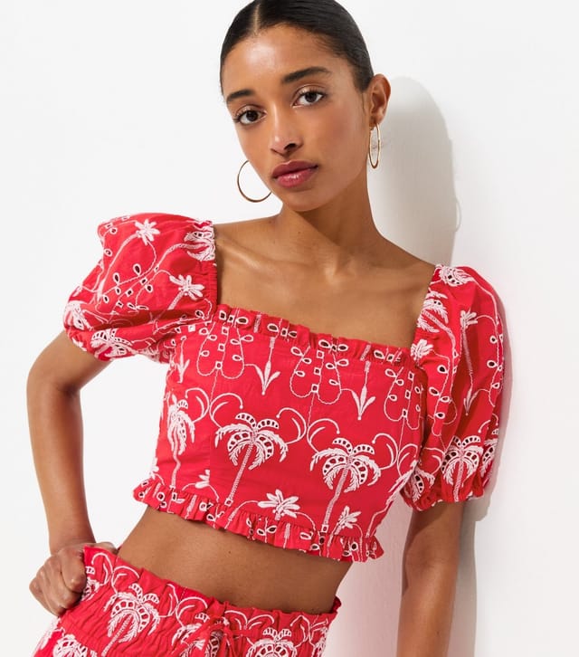 New Look Women's Red Cotton Broderie Palm Tree Crop Top New Look - 2