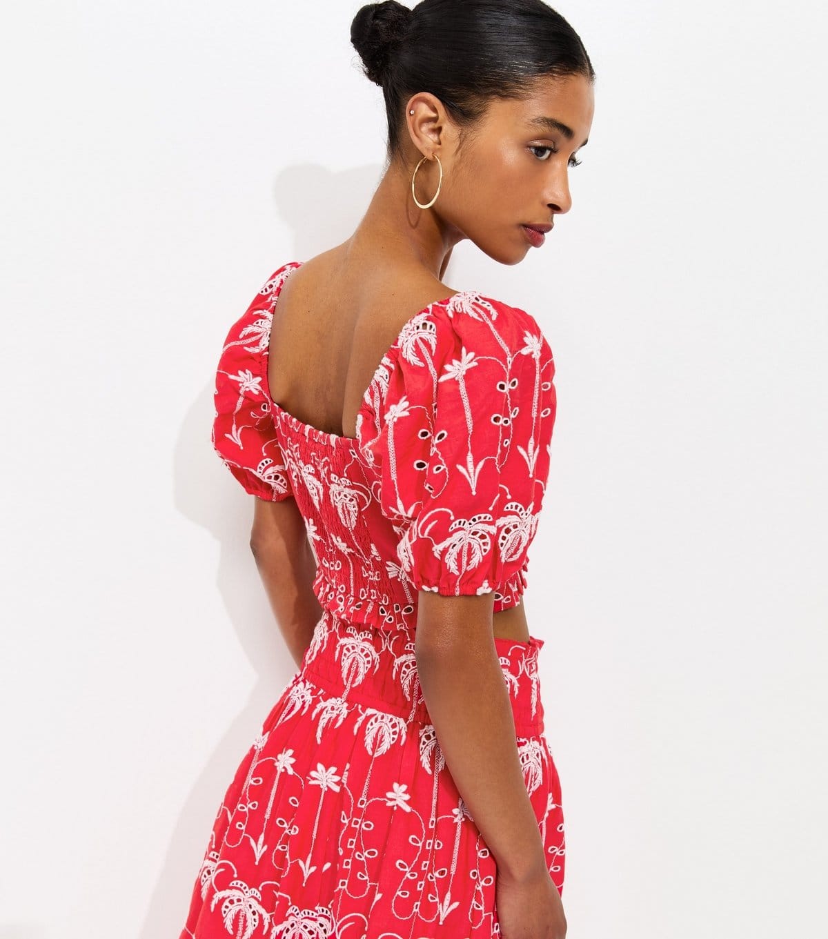 New Look Women's Red Cotton Broderie Palm Tree Crop Top New Look - 4
