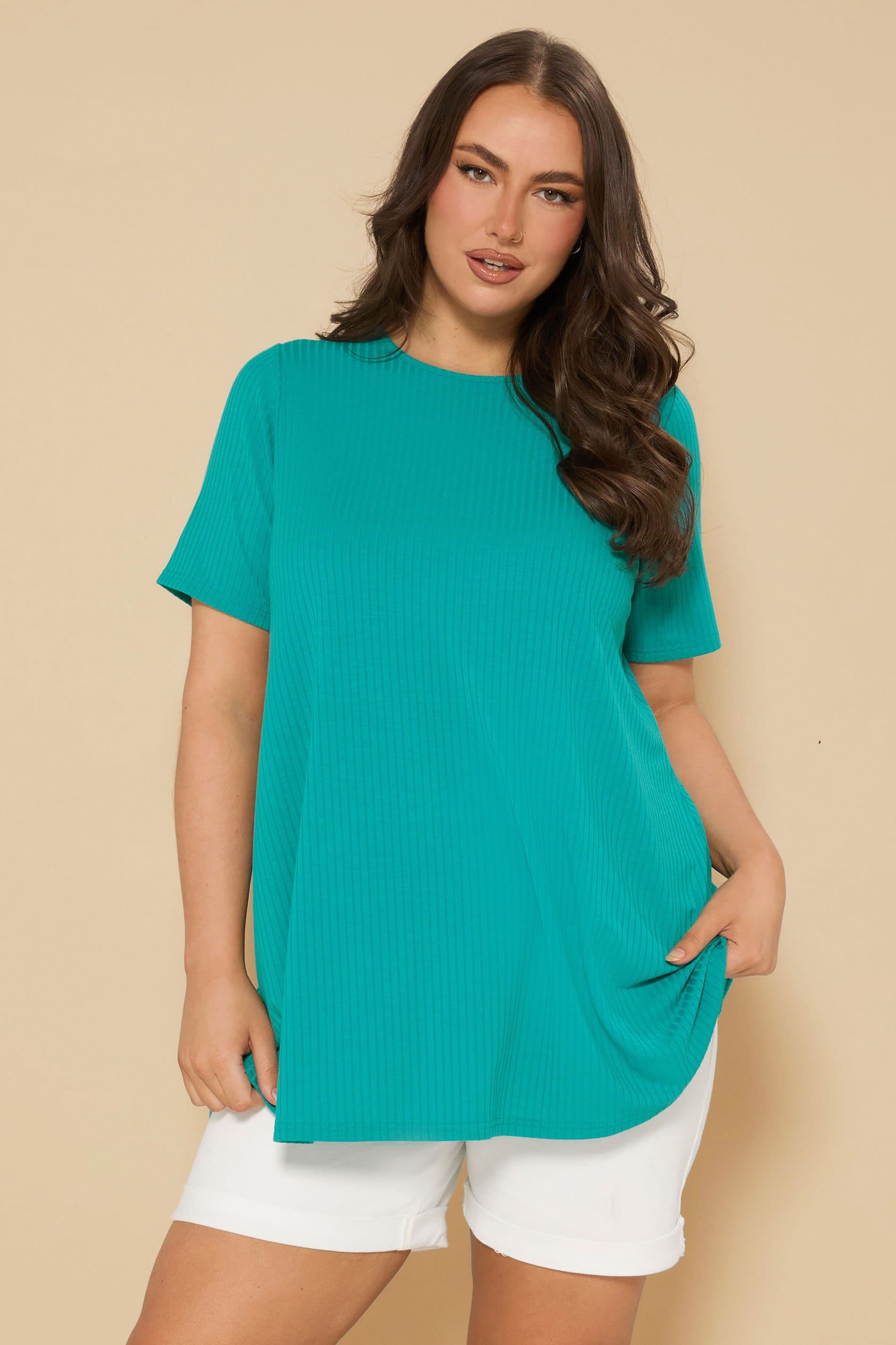 Yours Plus Size Teal Blue Ribbed Swing Top