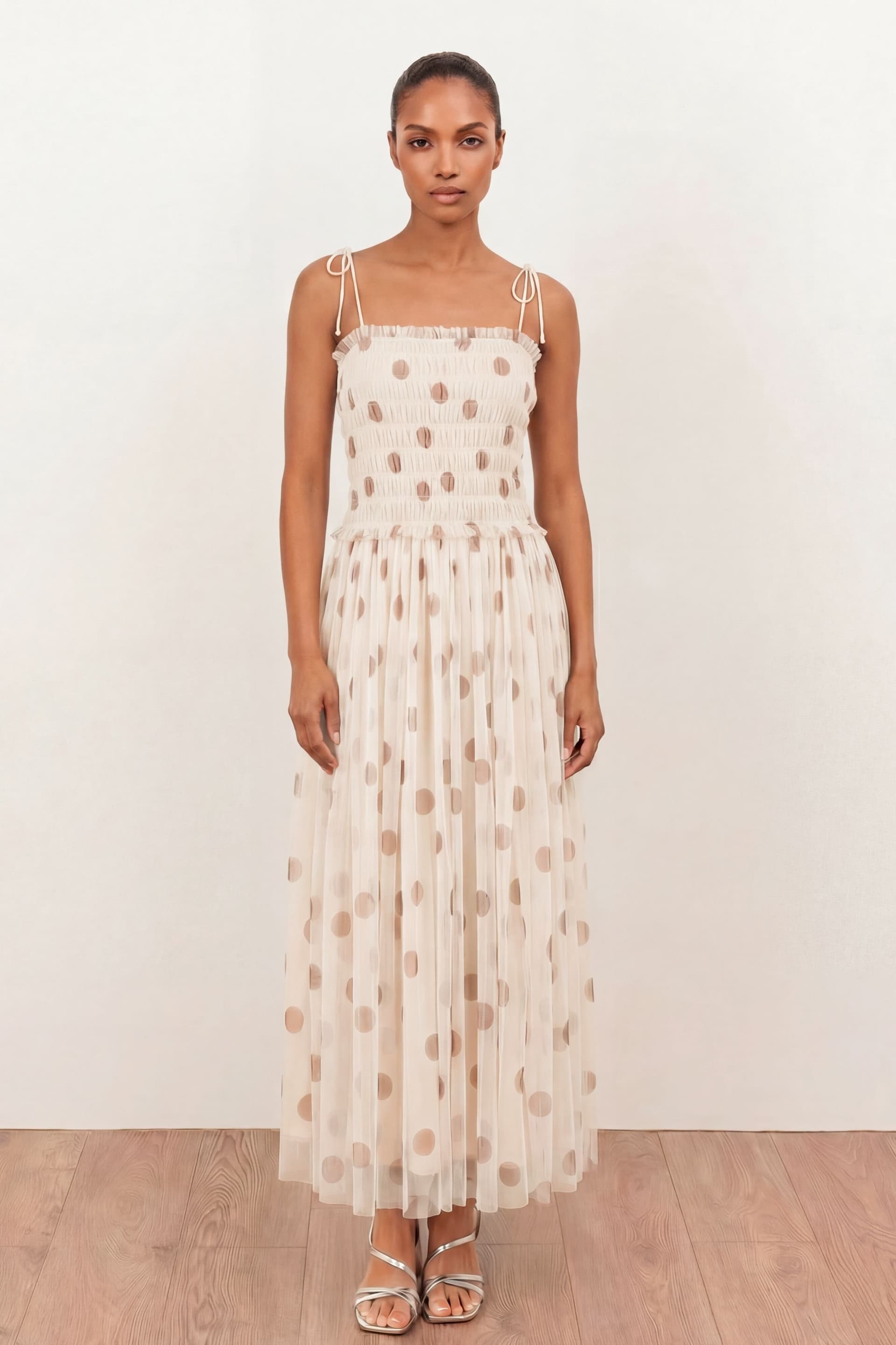 Anaya with Love Anaya with Love Women's Polka Dot Shirred Self-Tie Cami Midi Dress in Nude