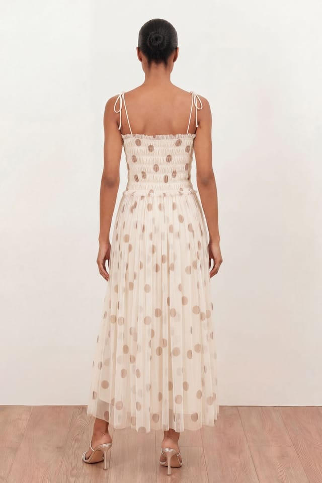 Anaya with Love Anaya with Love Women's Polka Dot Shirred Self-Tie Cami Midi Dress in Nude - 2