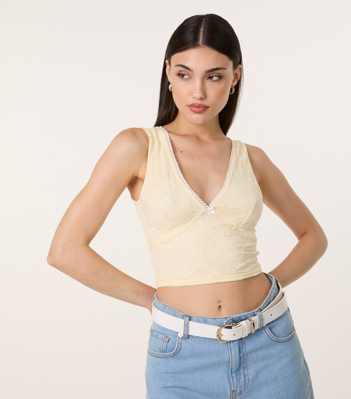Pink Vanilla Pink Vanilla Bright Yellow Lace V-Neck Crop Top