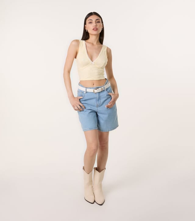 Pink Vanilla Women's Bright Yellow Lace V-Neck Crop Top Pink Vanilla New Look - 2