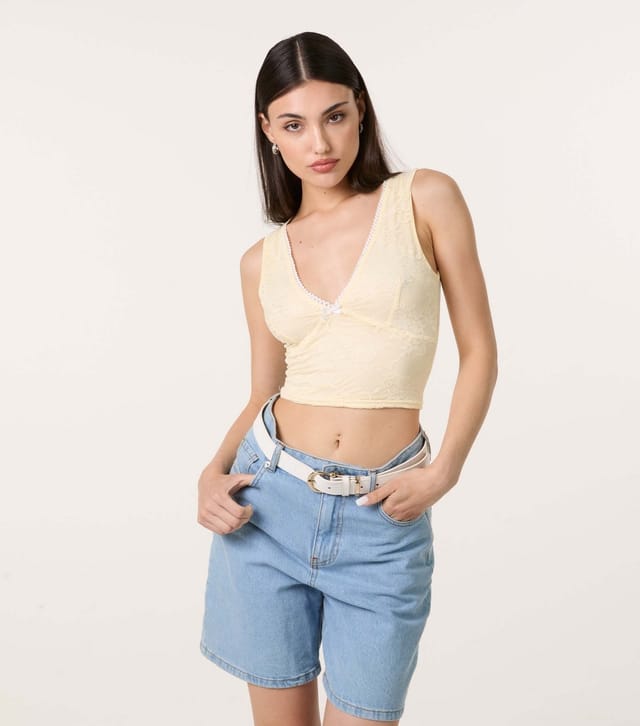 Pink Vanilla Women's Bright Yellow Lace V-Neck Crop Top Pink Vanilla New Look - 3