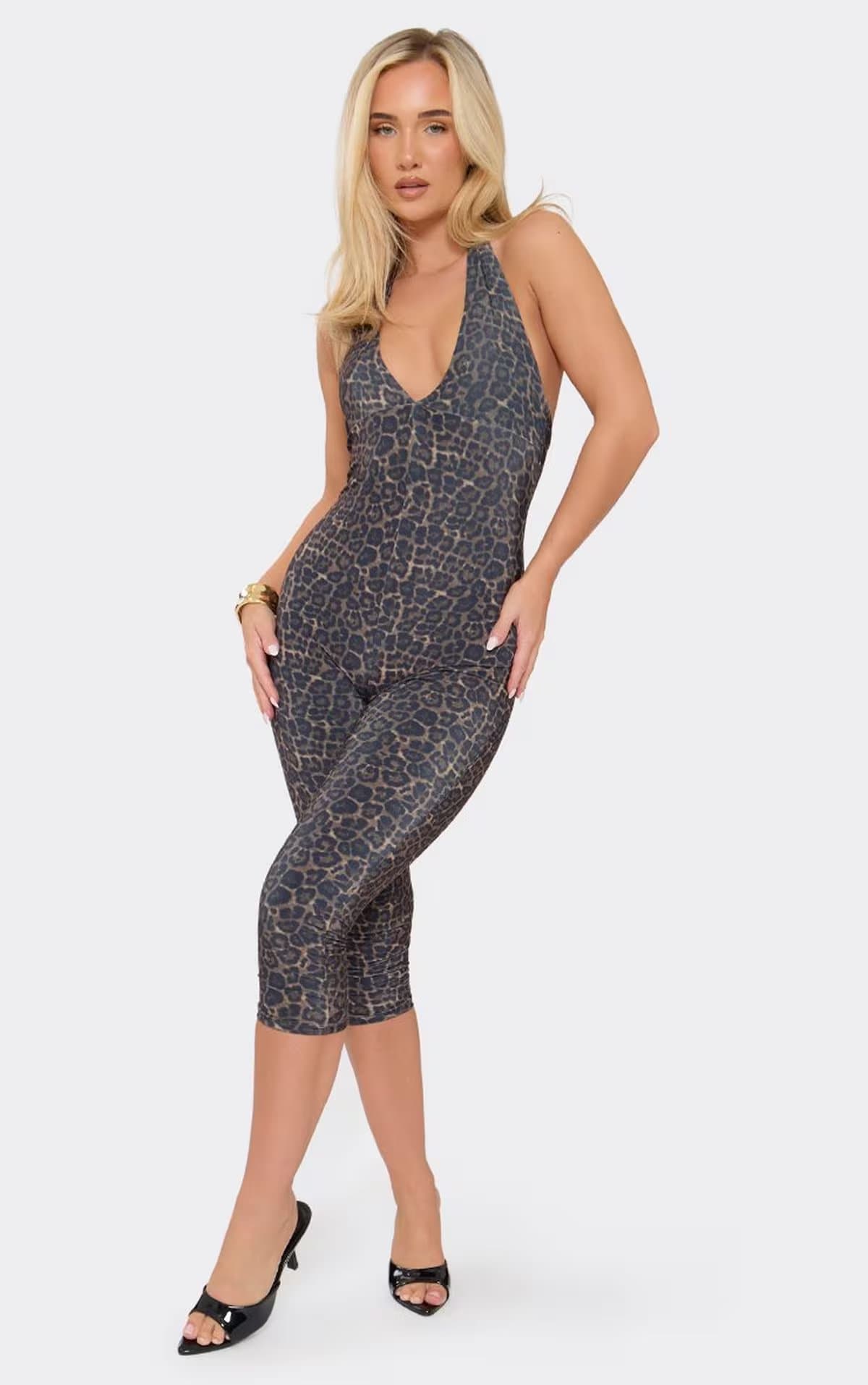 EGO Halterneck Plunge Front Capri Jumpsuit In Multi Leopard Print, Women's Size UK 6