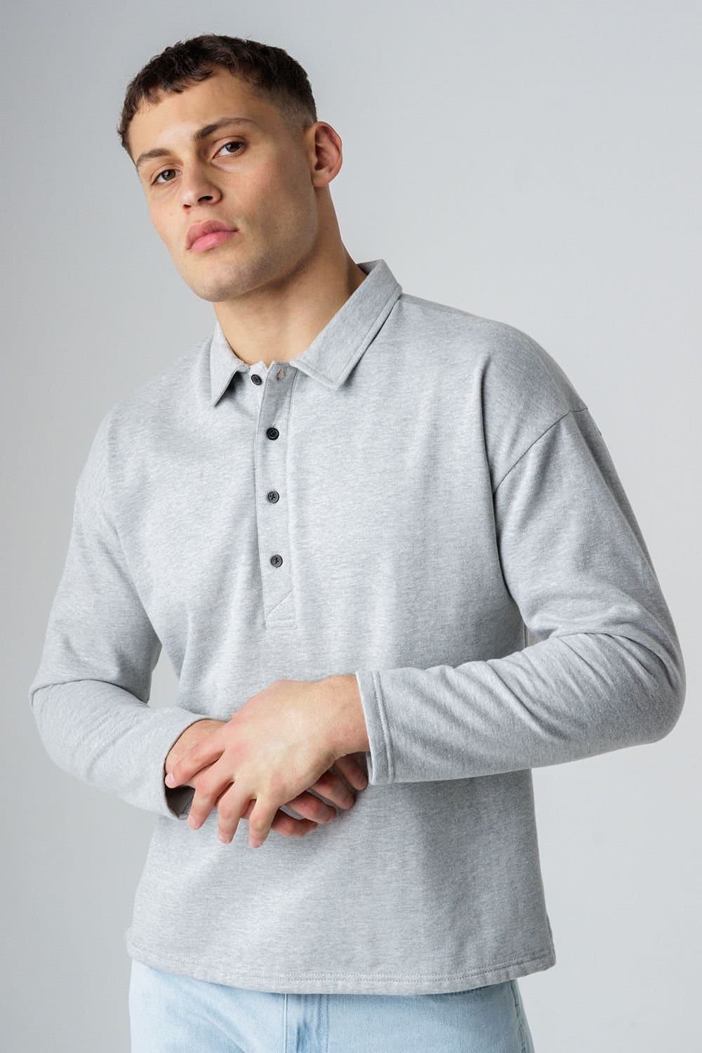 Influence Influence Men's Cotton Blend Long Sleeve Button Sweat Polo Shirt in Grey
