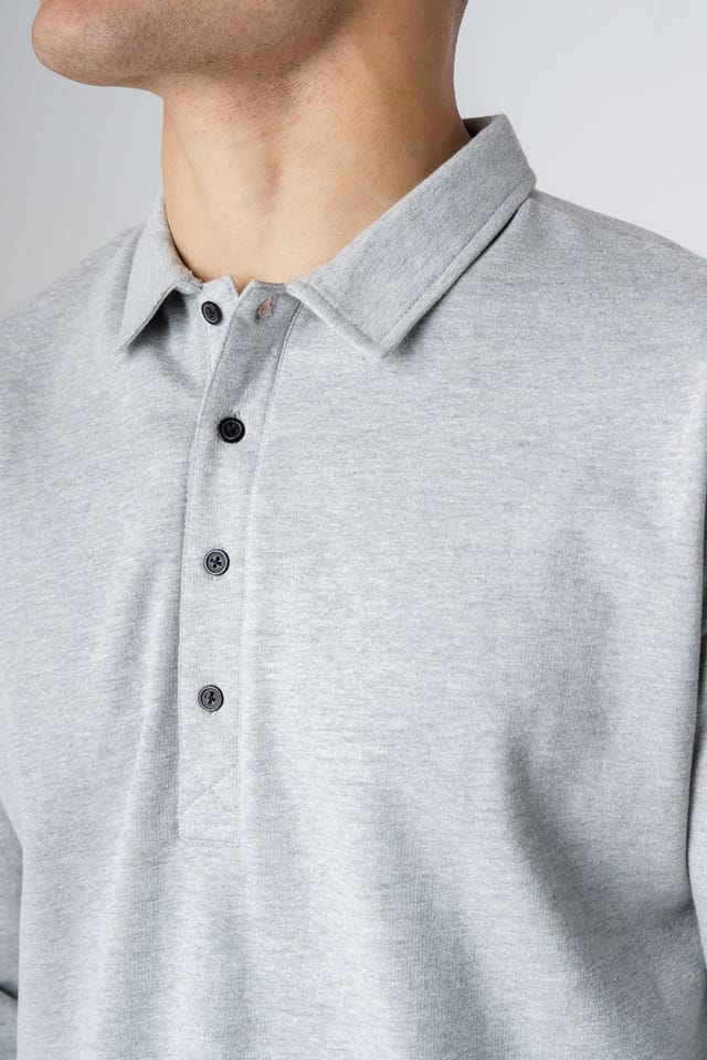 Influence Influence Men's Cotton Blend Long Sleeve Button Sweat Polo Shirt in Grey - 3