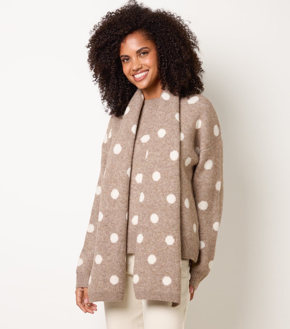 Blue Vanilla Women's Light Brown Polka Dot Knitted Jumper with Scarf Blue Vanilla New Look