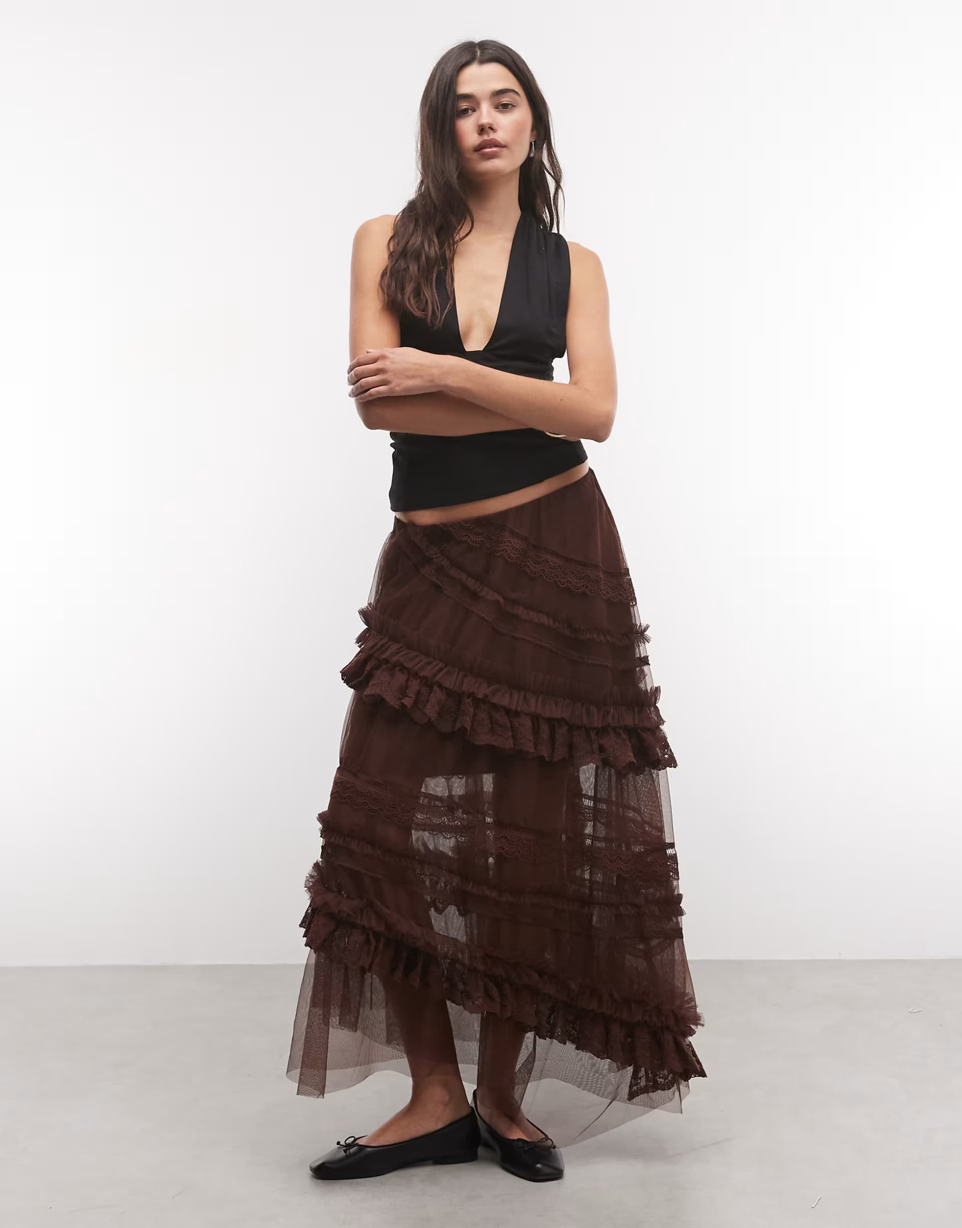 ASOS AllSaints Jen tulle ruffle midi skirt in in brown