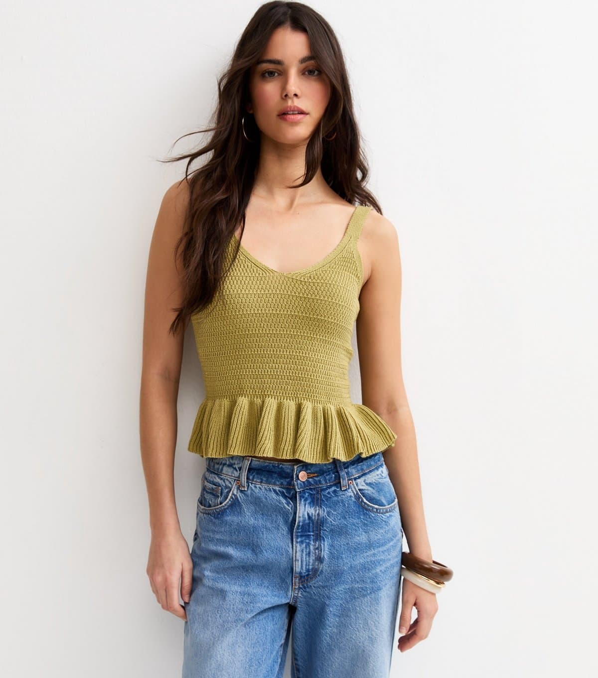 New Look Women's Green Cotton Rich Textured Knit Peplum Cami Vest New Look